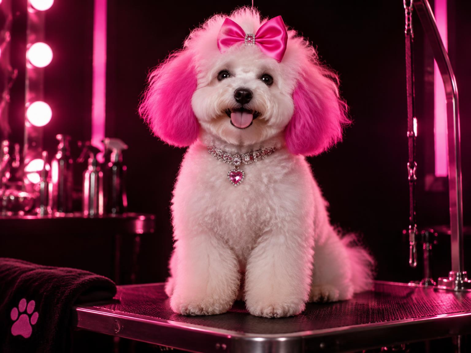 Freshly groomed dog with hot pink creative color